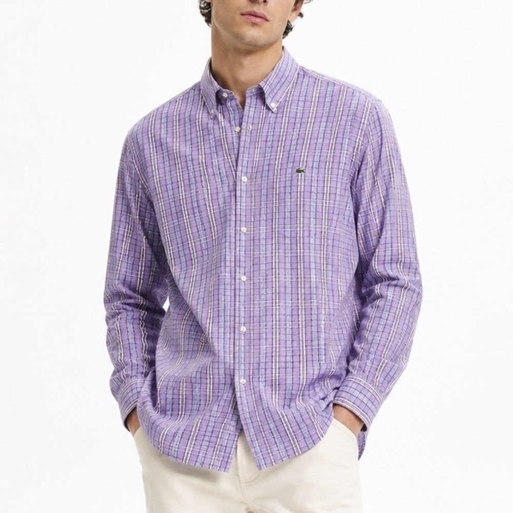 Lacoste Mens Preppy Purple Plaid Button Down Long Sleeve Cotton Shirt Size 40